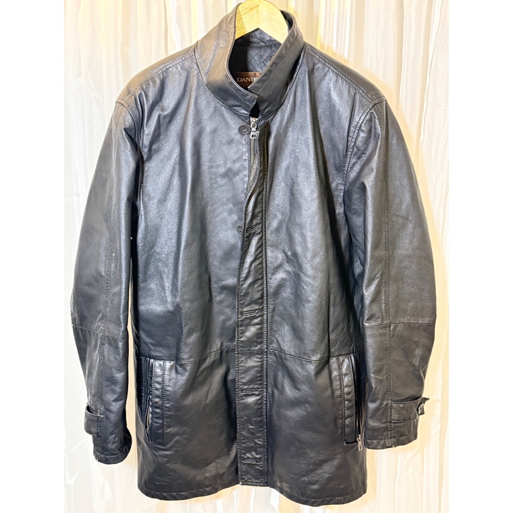 Danier Leather Coat Mens Medium Black Quilted Lining Mock Neck Zip Front Jacket